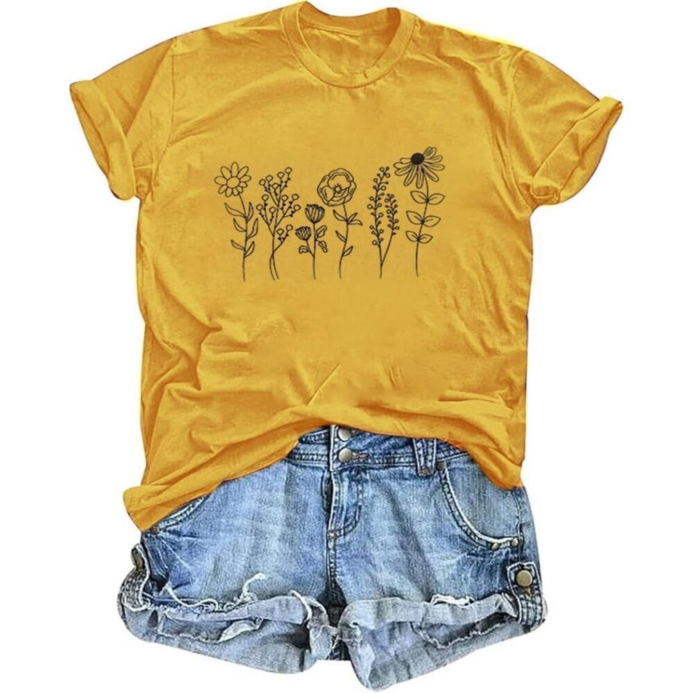 Women’s Cotton Blend Wildflower Graphic T Shirt Casual Summer Tee